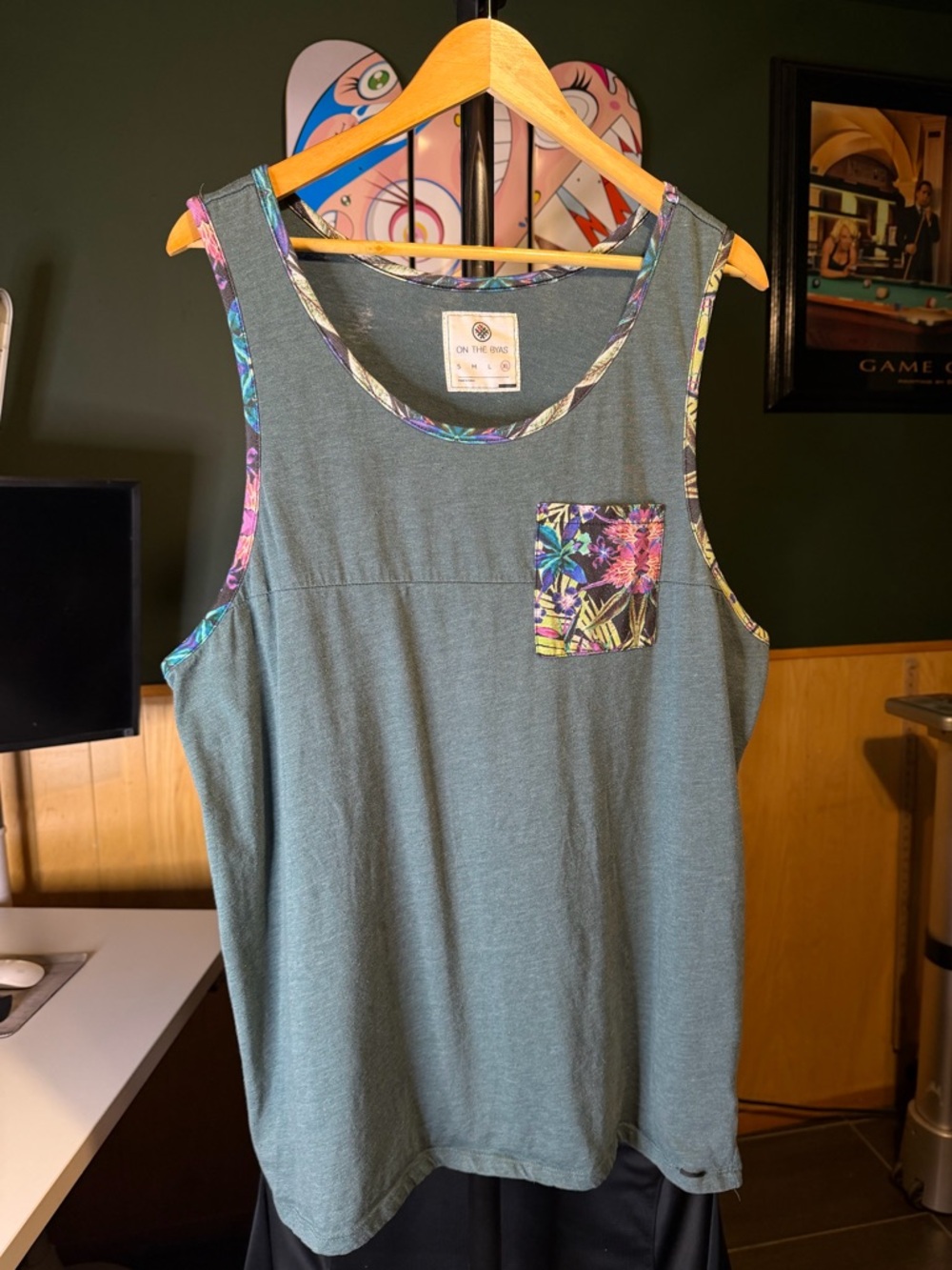 on the byas Teal Green Tank Top with Tropical Pocket